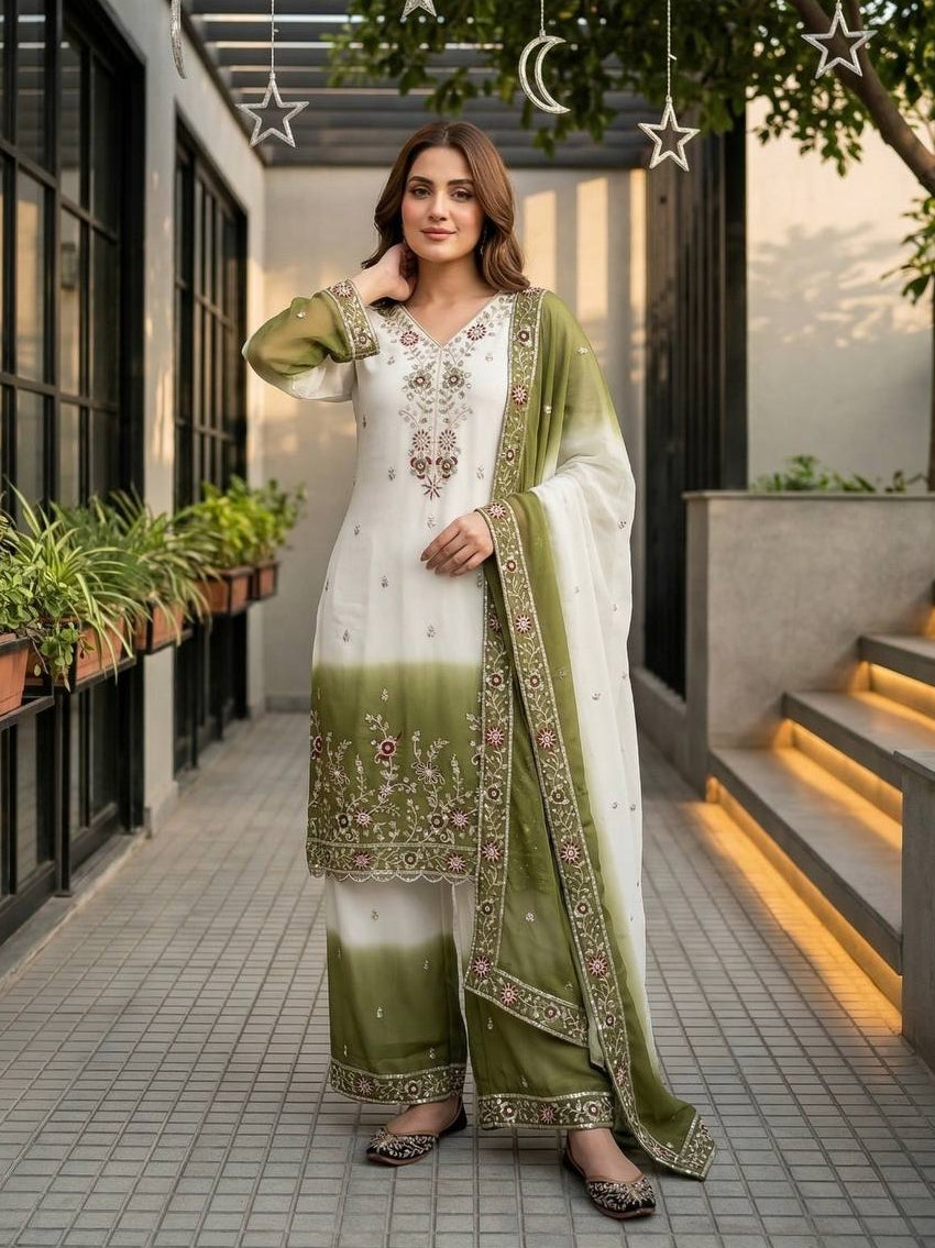 Heavy Dual Tone Peding Star Georgette Top Plazzo Dupatta Set (Green)