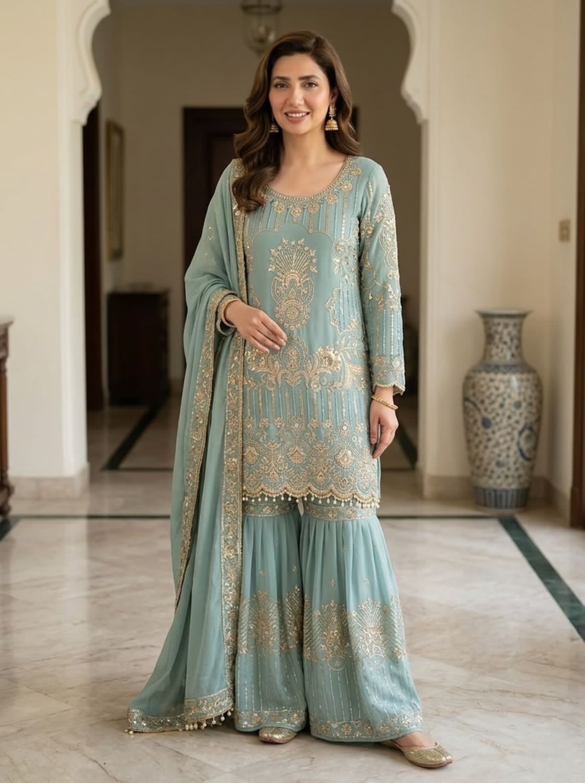 Premium Sequence Georgette Top Plazzo Dupatta Set