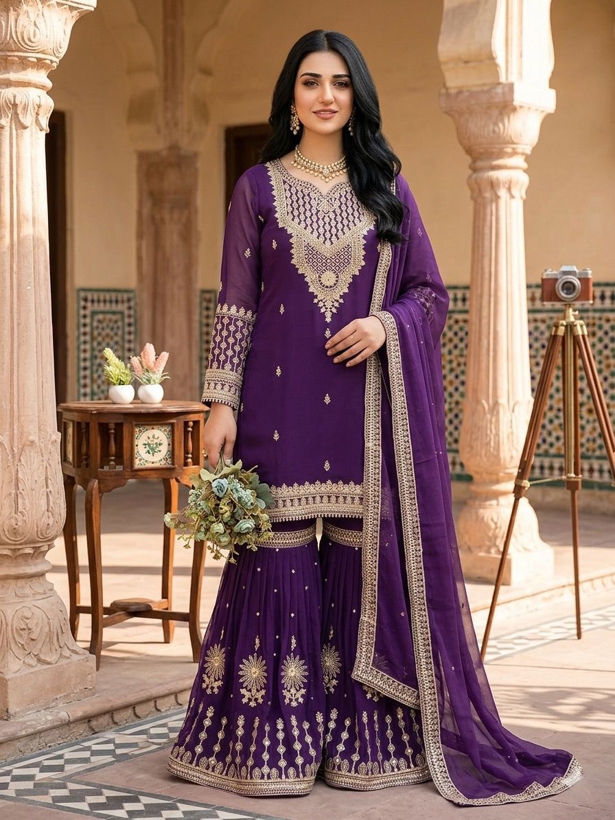 Wedding Wear Our Three Piece Outfit With Cording Sequence Embroidered (Purple)