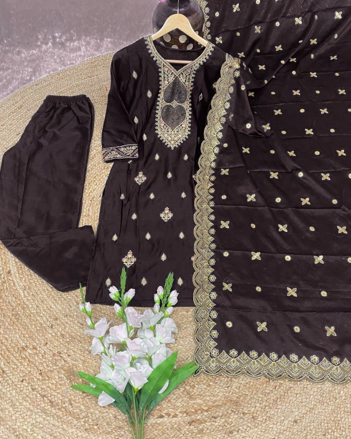 PURE MALAY SATIN SILK with embroidery with Diamond work
