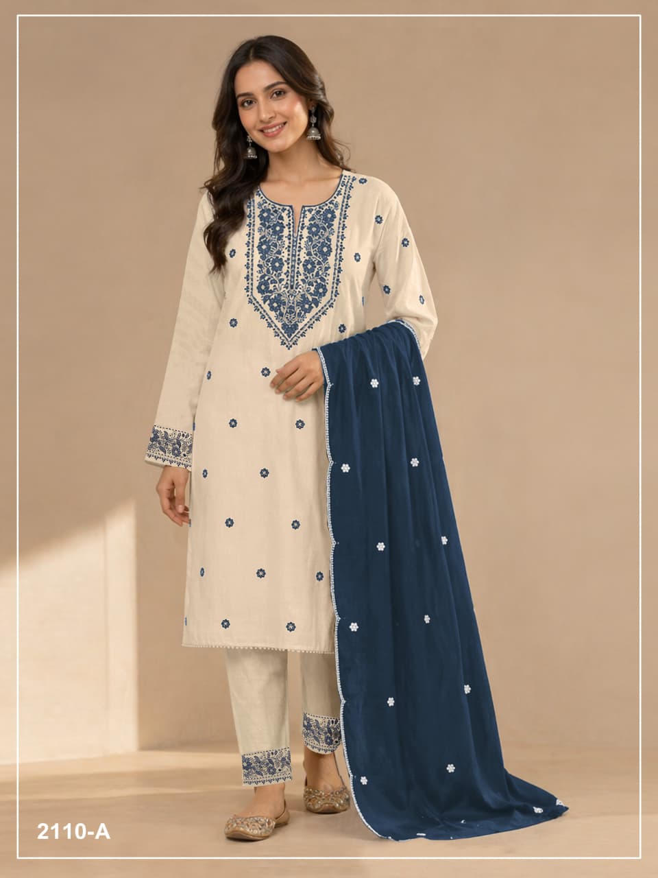 Heavy Khadi Cotton With Sequence Embroidery Stich Work (Semi Stitched)