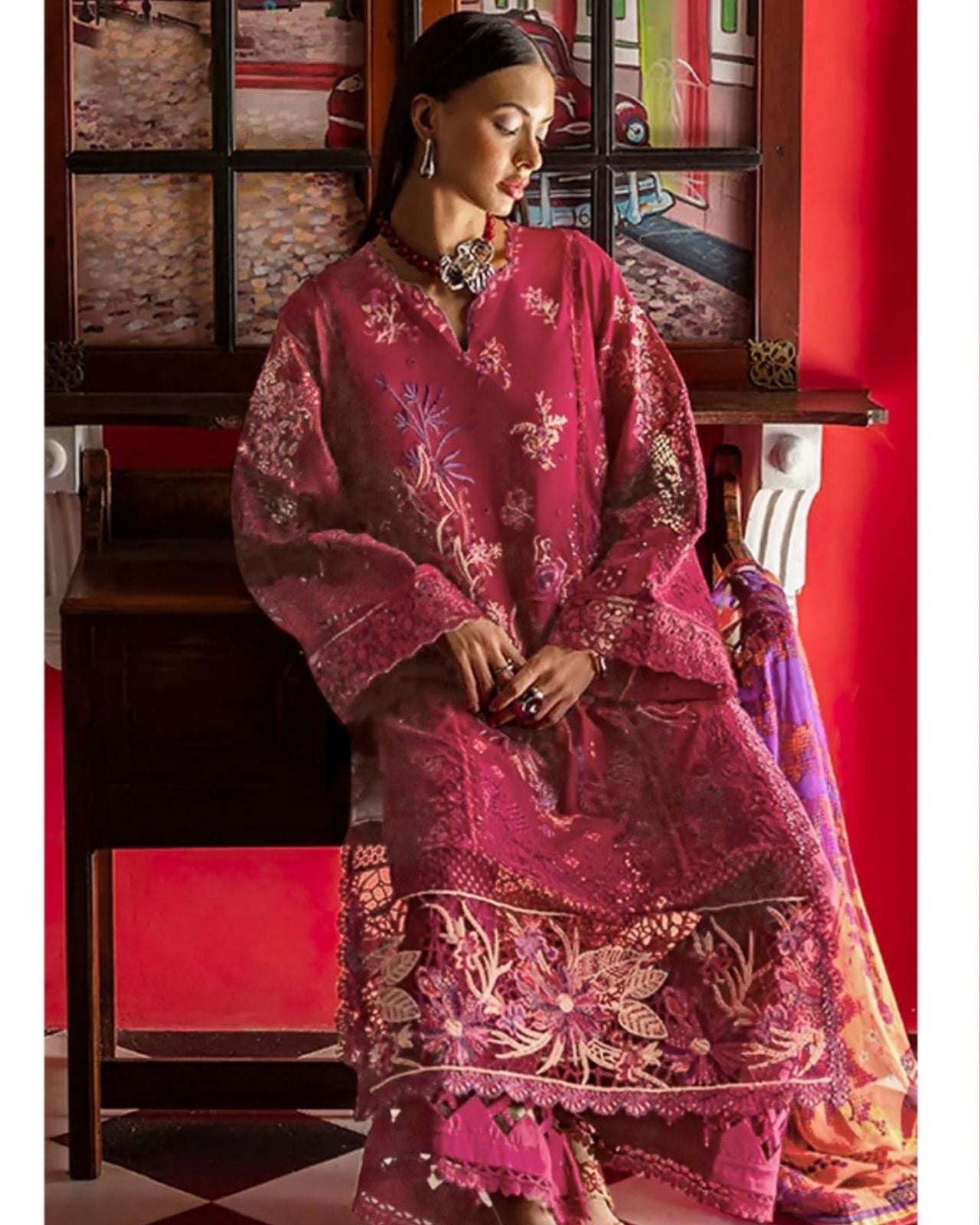 Exclusive And Comfortable Pakistani Style Cotton With Chikankari Embroidered Work (Red)
