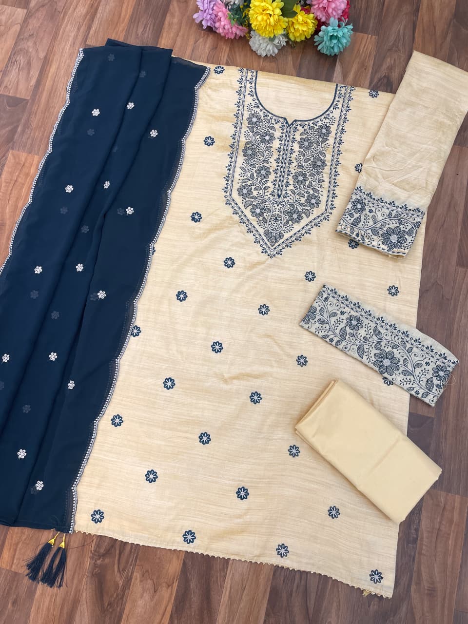 Heavy Khadi Cotton  With Sequence Embroidery Stich Work (Semi Stitched)